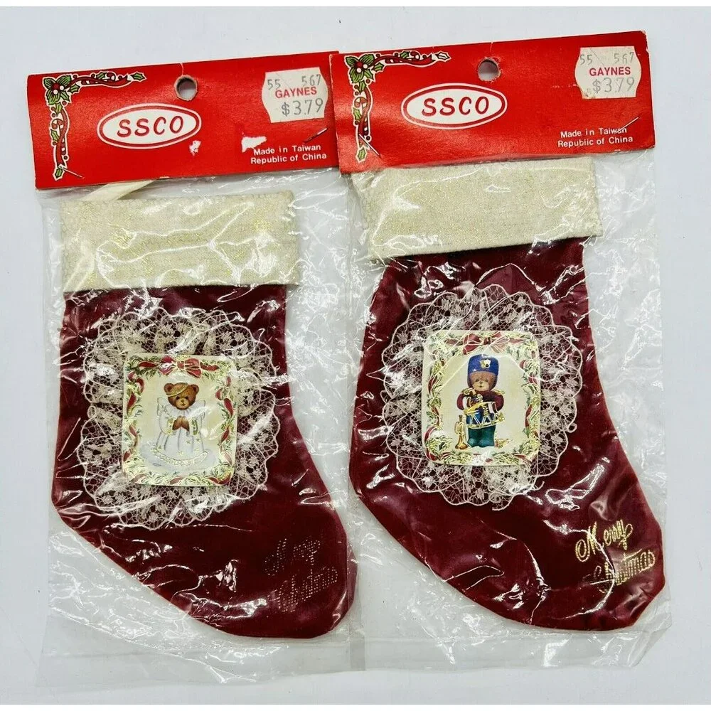 Miniature Christmas Stockings‎ Teddy Bears Red Velvet Lace SSCO Vintage Taiwan
